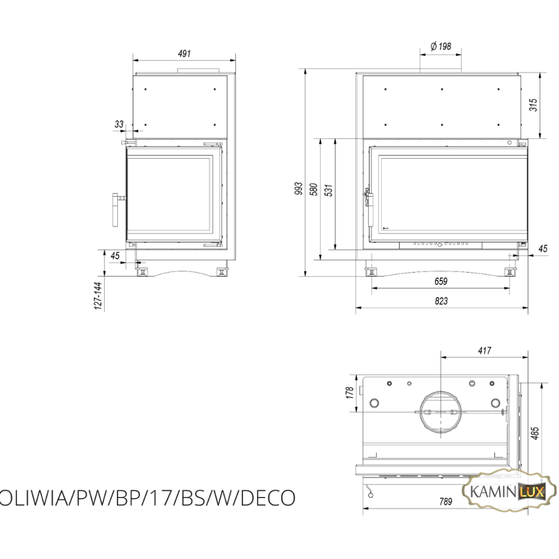 Каминная топка Kratki OLIWIA PW 17 правая BS DECO