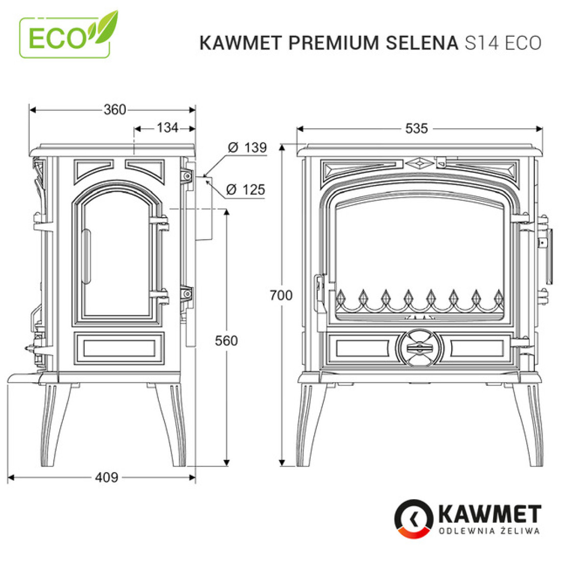 Чавунна піч KAWMET Premium SELENA S14 ECO