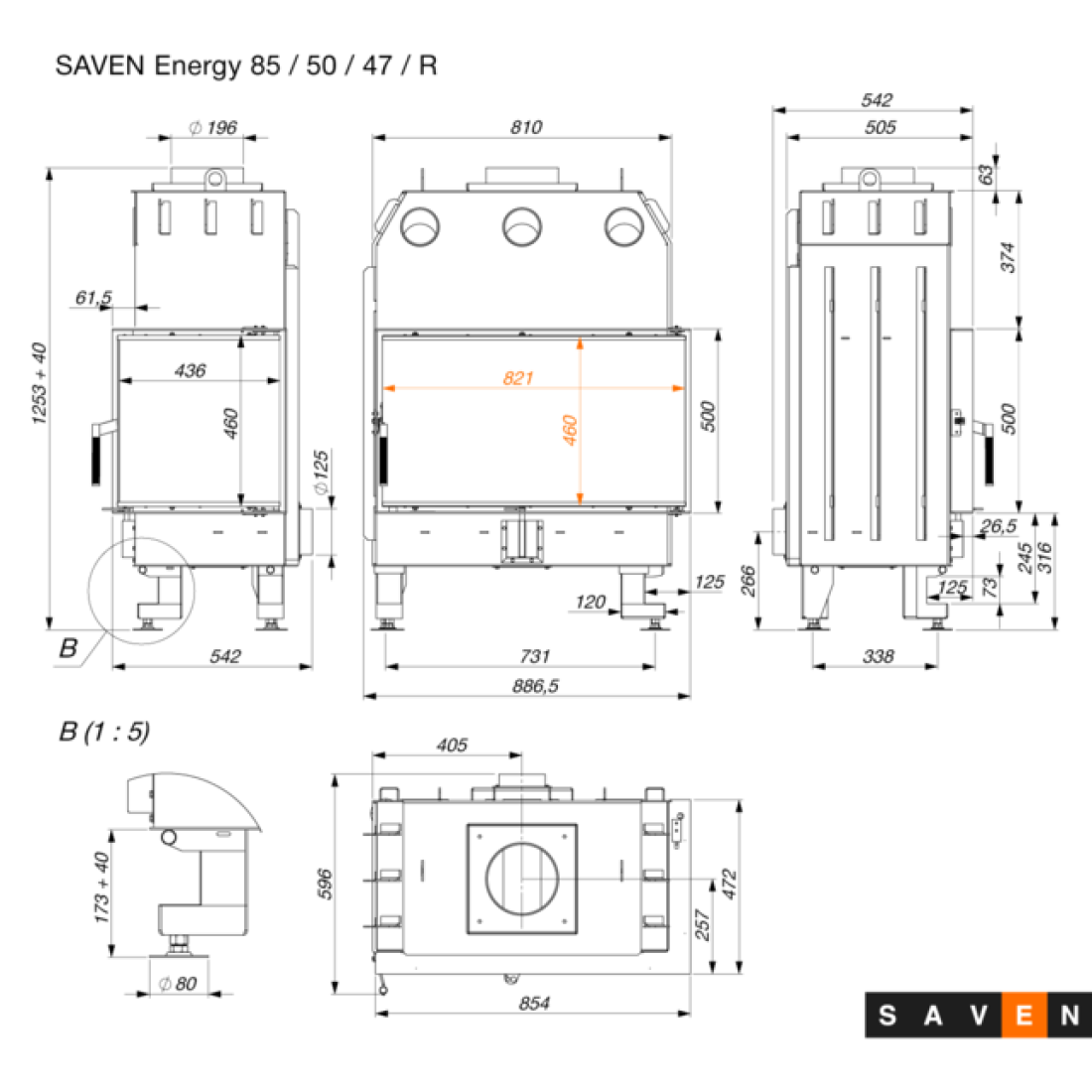 Камінна топка кутова SAVEN Energy 85х50х47R (17,0 kW) ECO