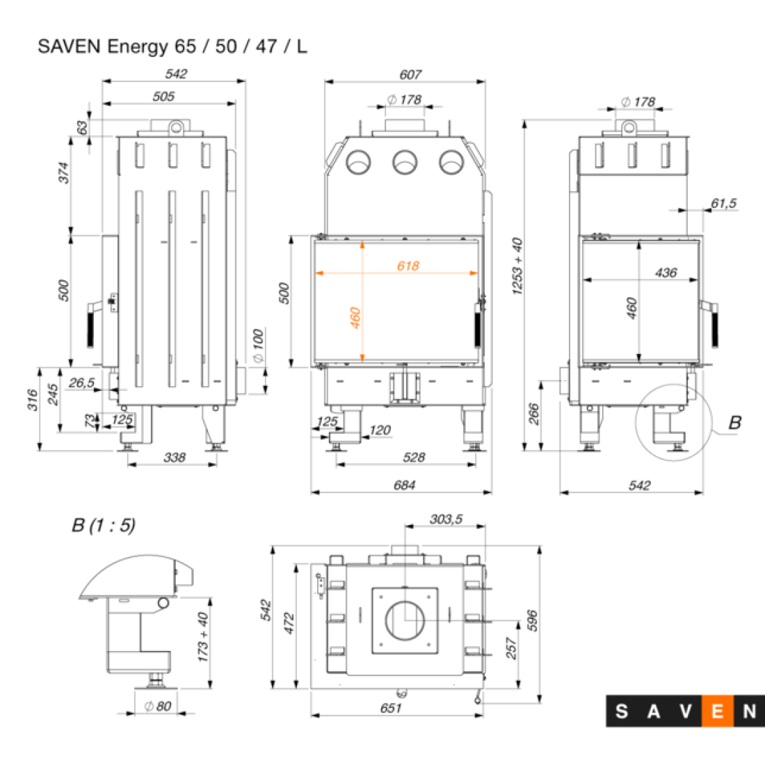 Каминная топка угловая SAVEN Energy 65х50х47L (14,5 kW) ECO