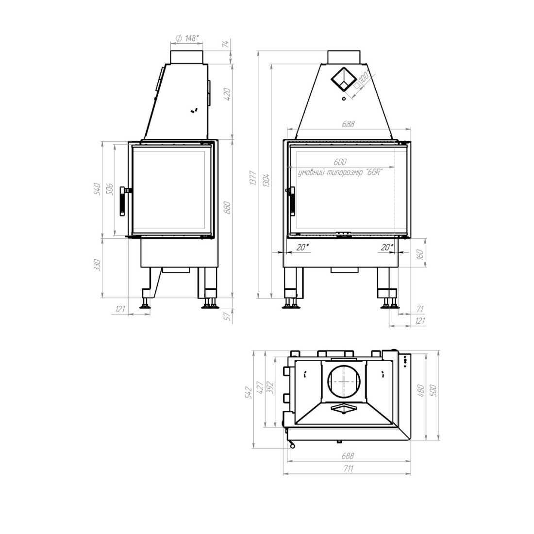  Камінна топка M-FIRE 60 кутова ліва (14kW)