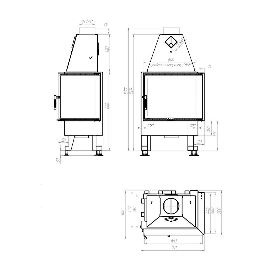 Каминная топка M-FIRE 60 угловая правая (14kW)