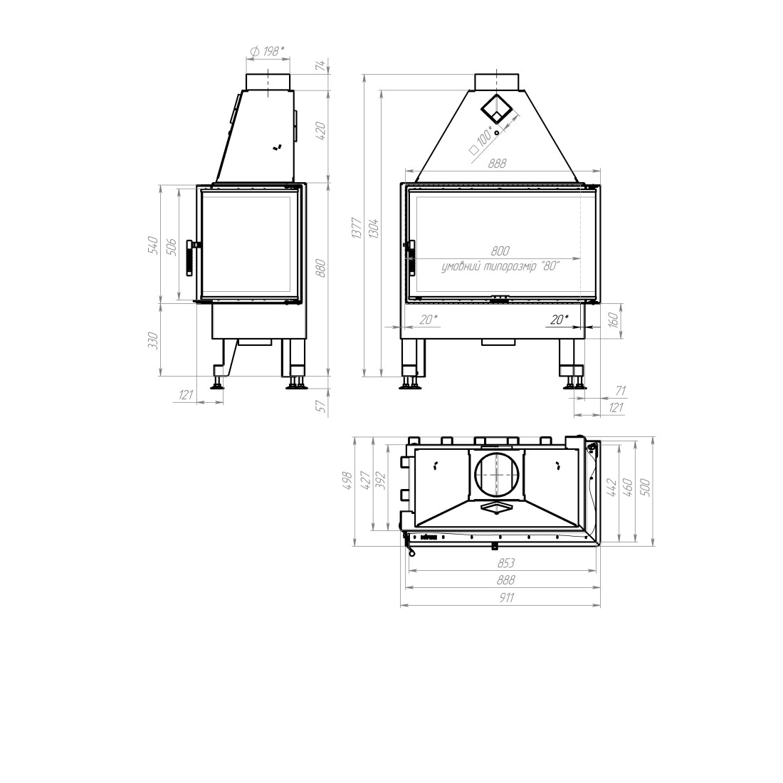 Каминная топка M-FIRE 80 угловая правая (17kW)